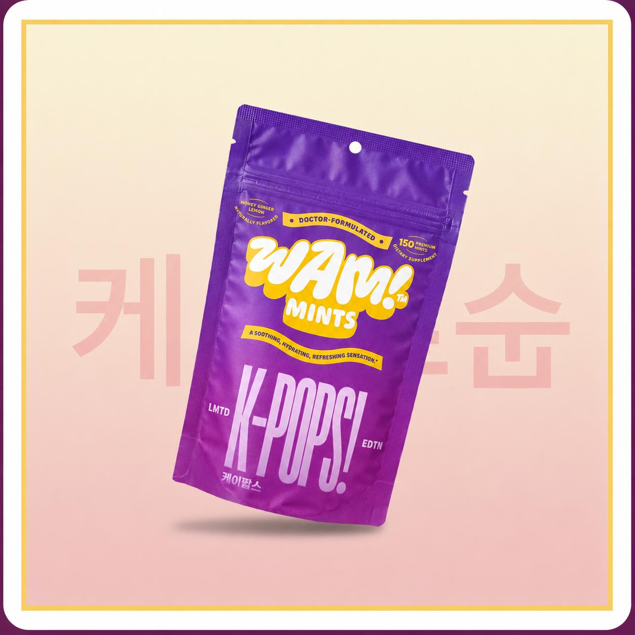 WAM!™ Mints — K-POPS! Limited Edition pouch on a fan-card backdrop