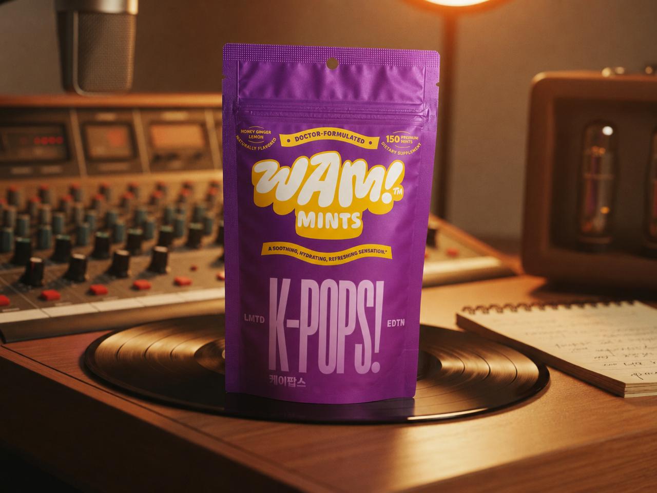 WAM!™ Mints K-POPS! Limited Edition pouch on a vinyl record in a music studio