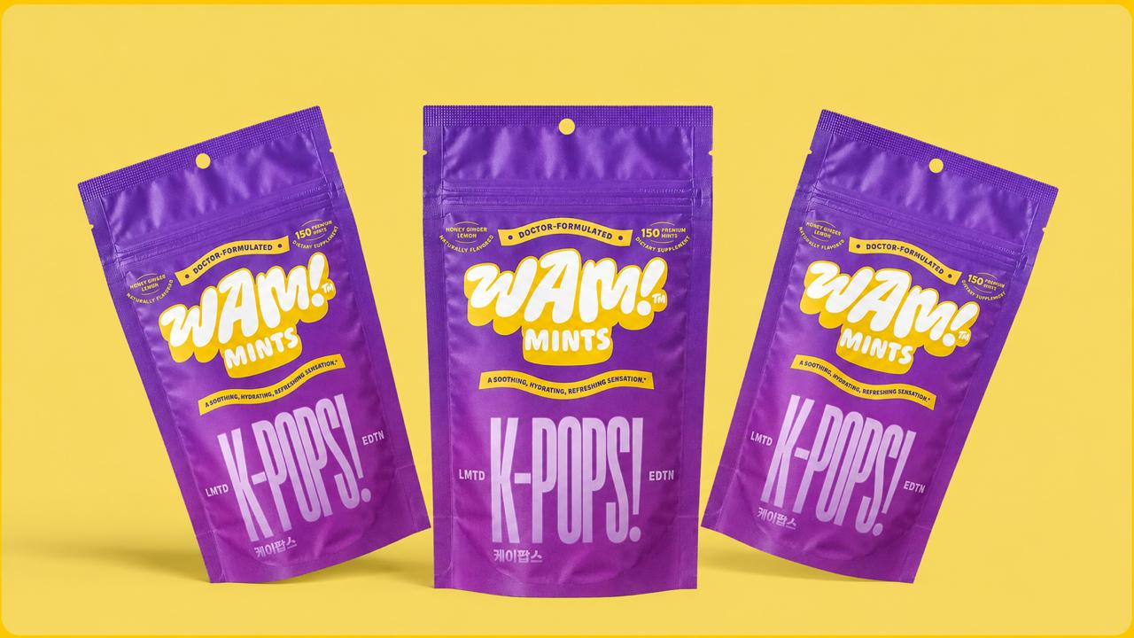 Three K-POPS! pouches on a Sunny yellow backdrop